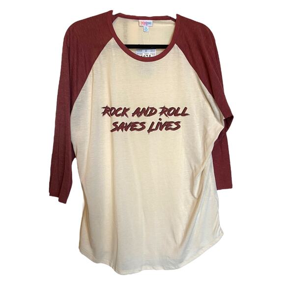 LuLaRoe Womens Top Size 2XL 2X Randy Baseball Tee Rock and Roll Saves Lives NEW - Picture 2 of 5